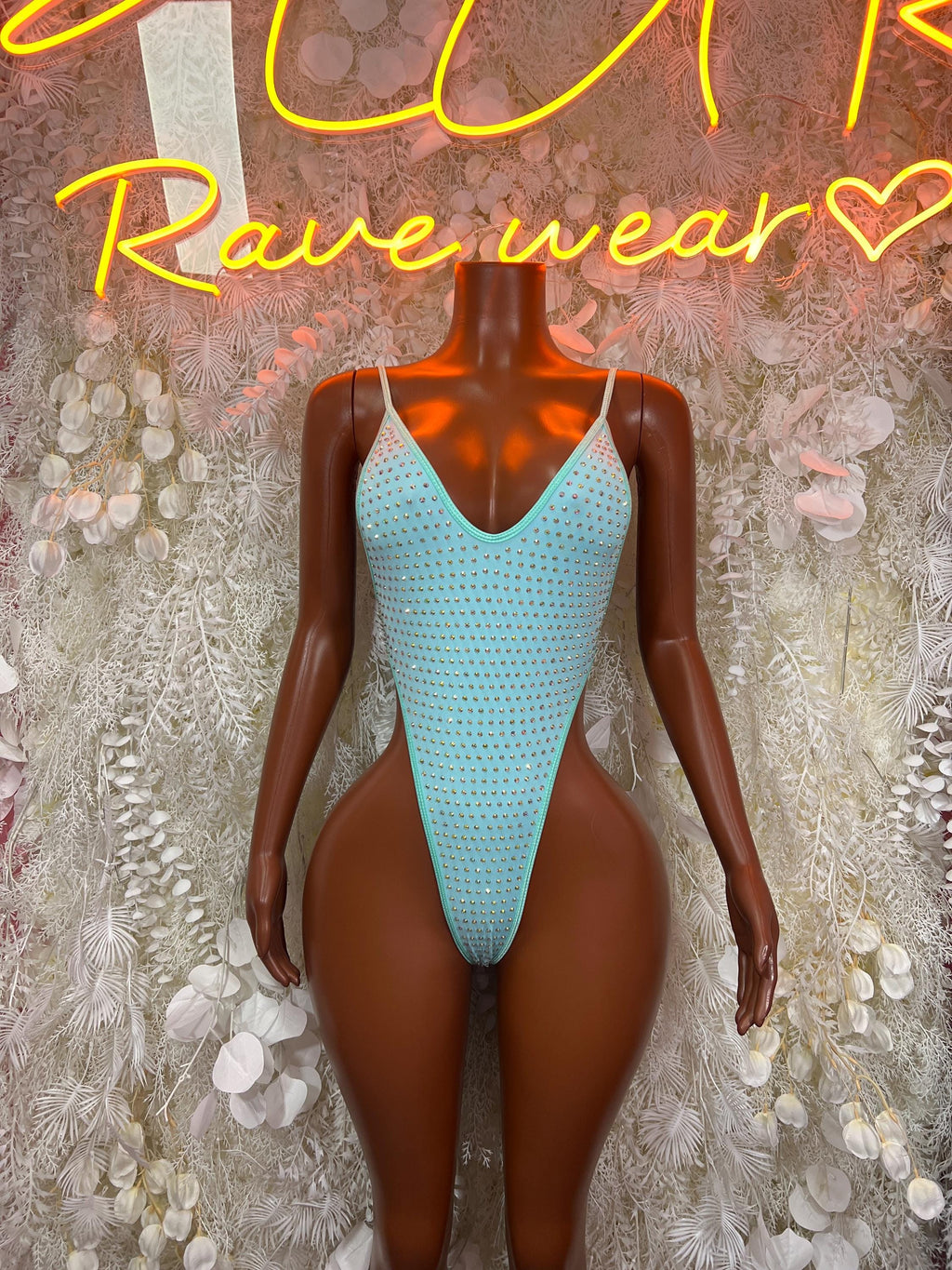 Teal rhinestone bodysuit, thin straps, high-cut one-piece with front V neckline