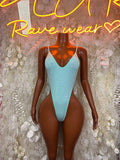 Teal rhinestone bodysuit, thin straps, high-cut one-piece with front V neckline