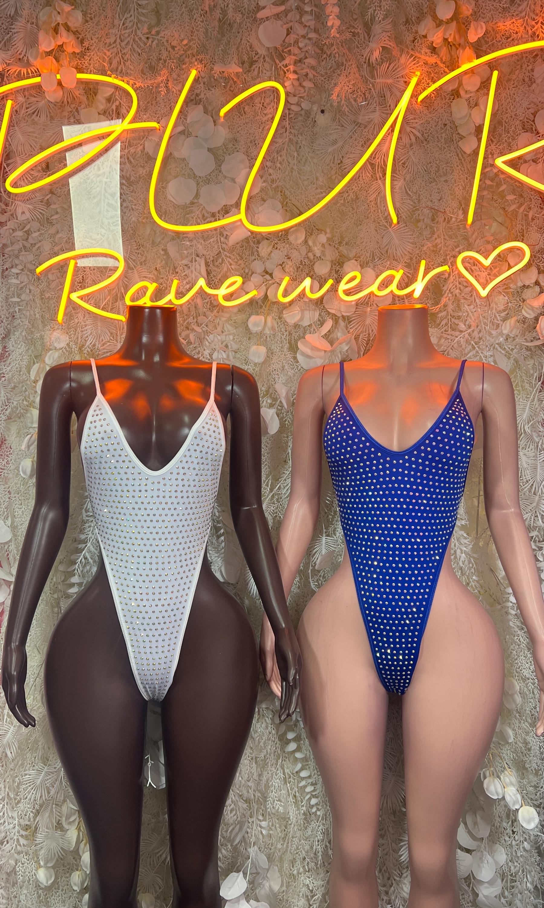 Rhinestone bodysuit pair: white and royal blue, V-neck with strappy back
