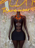 Black cutout halter mini dress with ring hardware and front panel cutouts