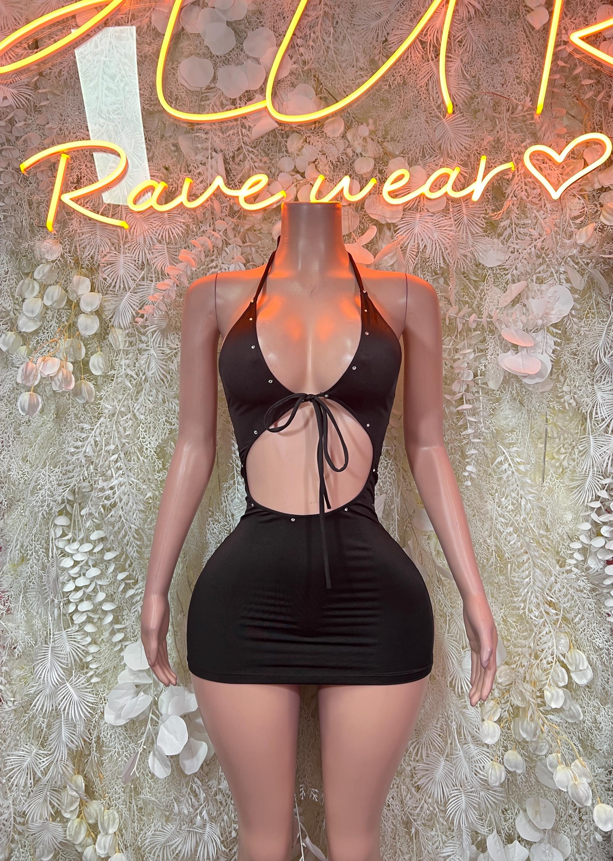 Black halter cutout mini dress with front bow tie, sleeveless clubwear