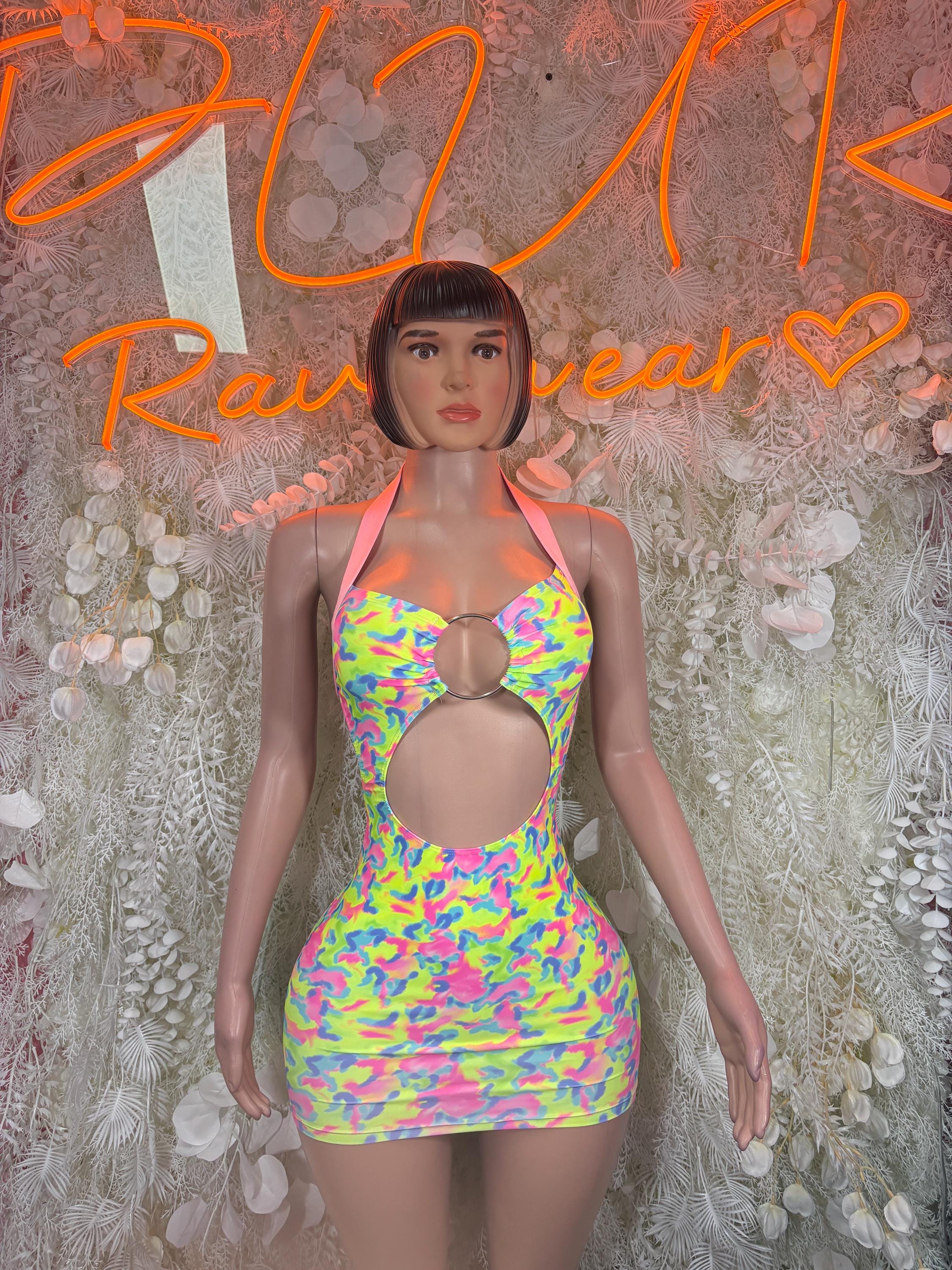 Neon Multi Color Abstract Cutout Mini Dress Festival Rave Clubwear Exotic Dance Costume