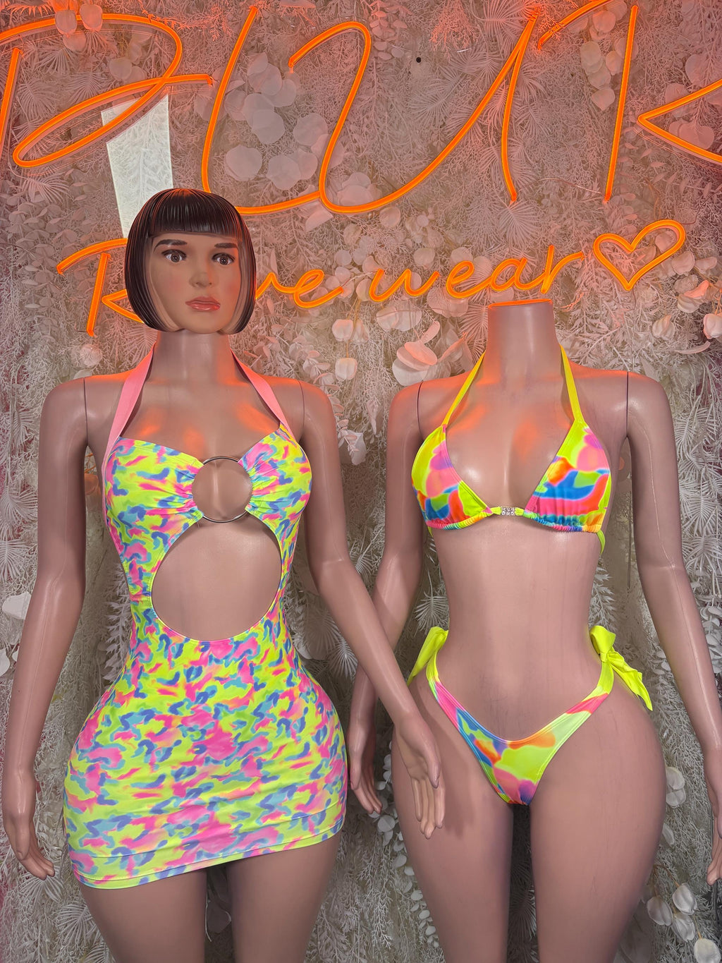 Neon Trippy Matching Bikini Set – Rave Festival Clubwear Exotic Dance Outfit