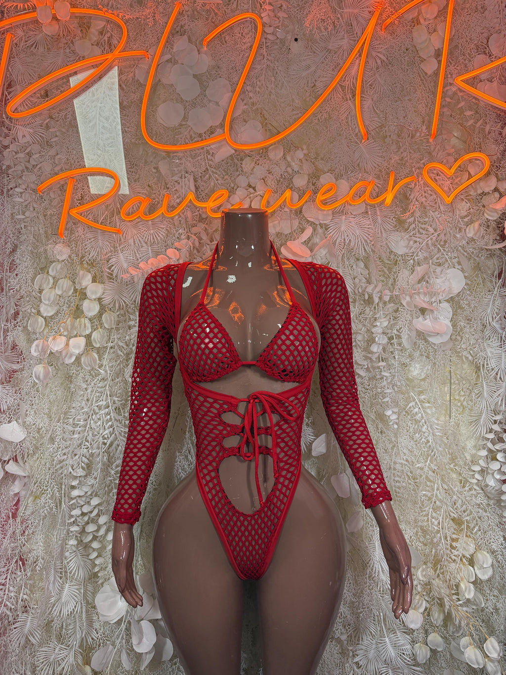 Bottlegirl Red Fishnet Bodysuit - Bottle Service Outfit,Bartender Rave Festival Clubwear One Piece Dancewear