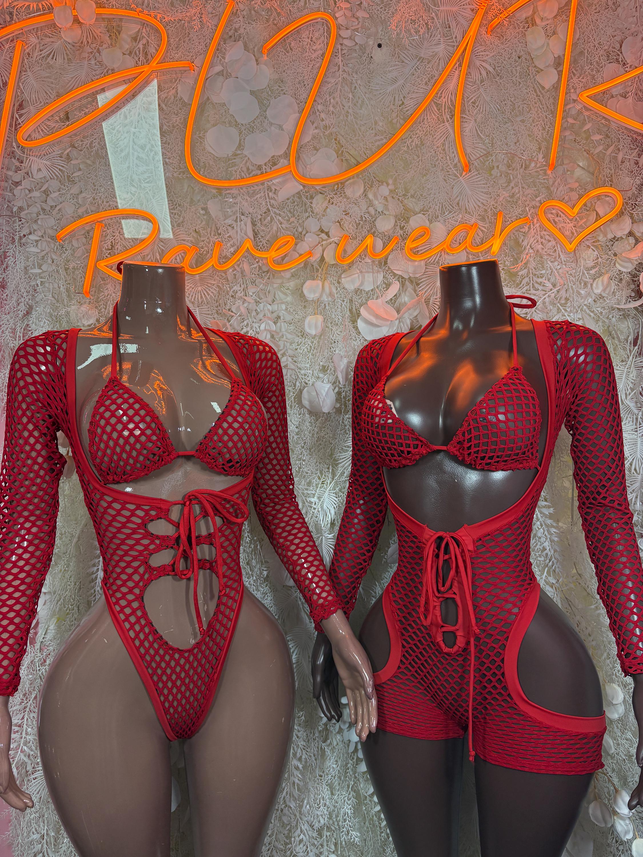 Bottlegirl Red Fishnet Bodysuit - Bottle Service Outfit,Bartender Rave Festival Clubwear One Piece Dancewear