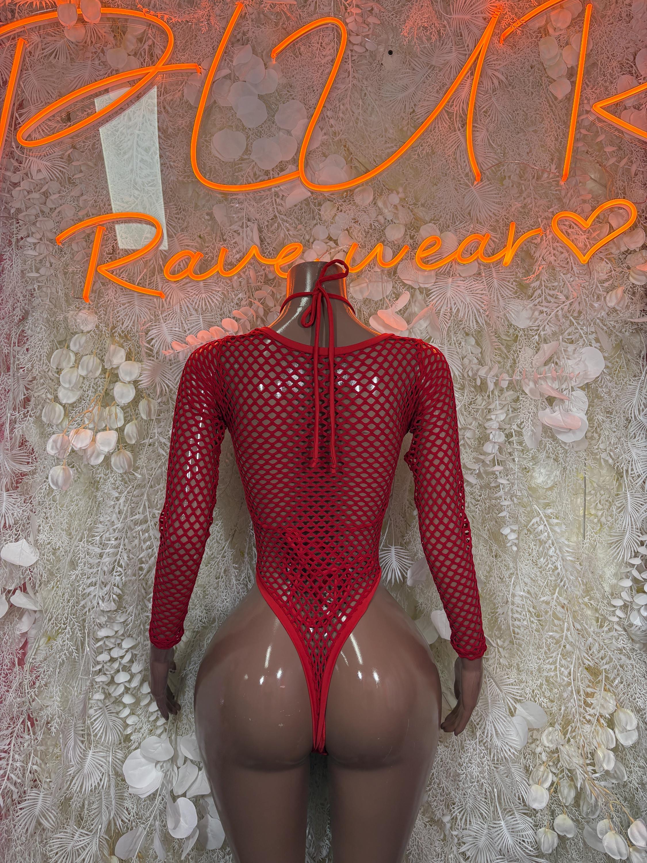 Bottlegirl Red Fishnet Bodysuit - Bottle Service Outfit,Bartender Rave Festival Clubwear One Piece Dancewear