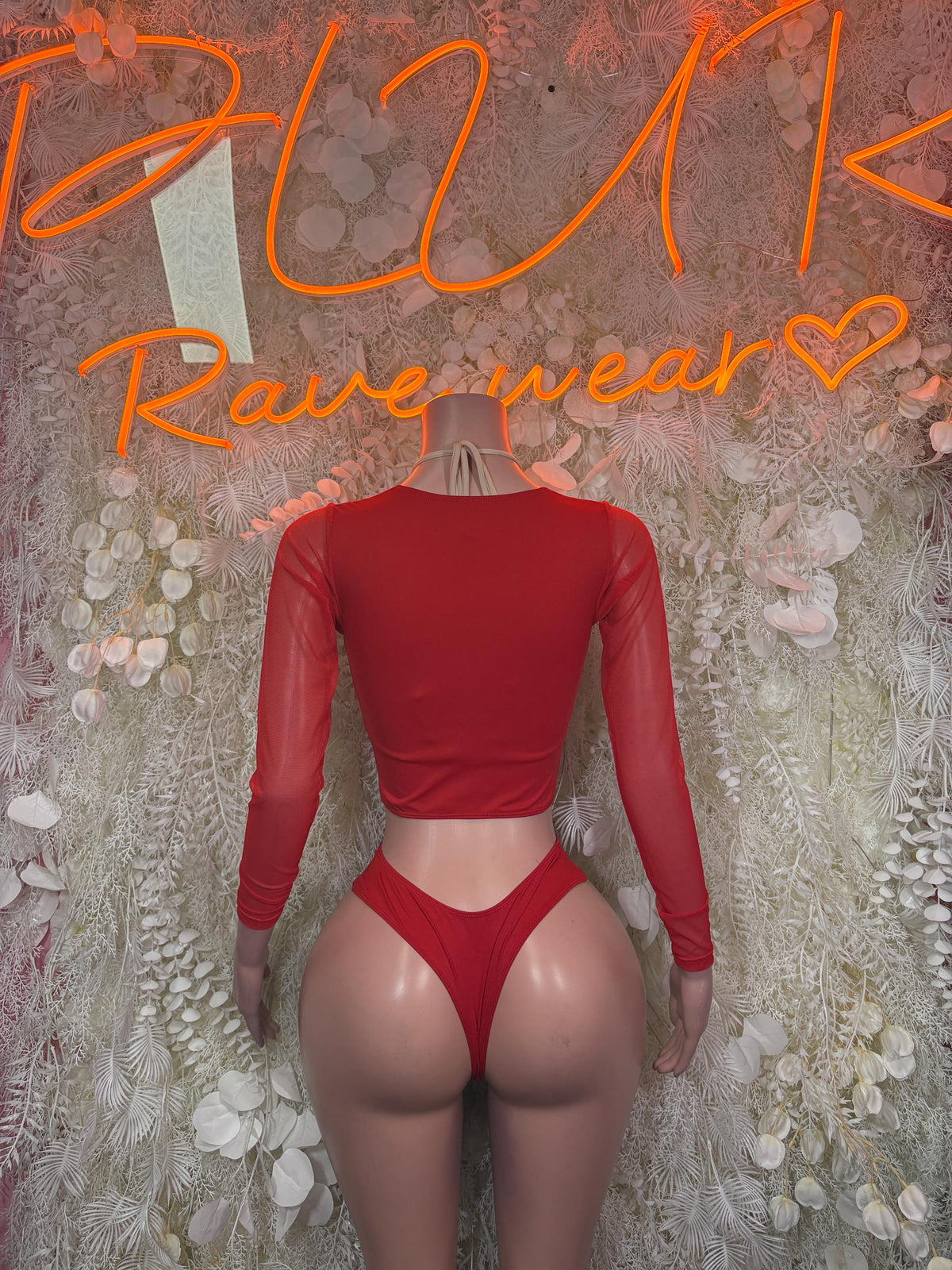 Bottlegirl red bodysuit back view with long sleeves and high-cut bottom