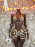 Leopard-print two-piece swimwear set with triangle top and matching high-waist bottoms