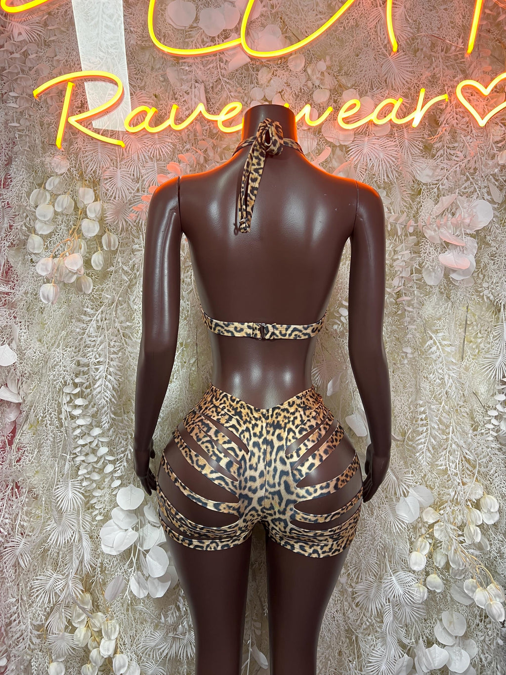 Leopard-print two-piece swimwear set, triangle bra back with matching high-waist bottoms