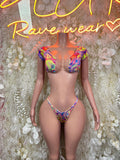 Multicolor trippy two-piece festival outfit: cropped top with matching bikini bottoms