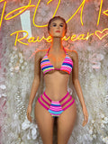Multicolor striped bikini two-piece with triangle top and high-cut matching bottoms