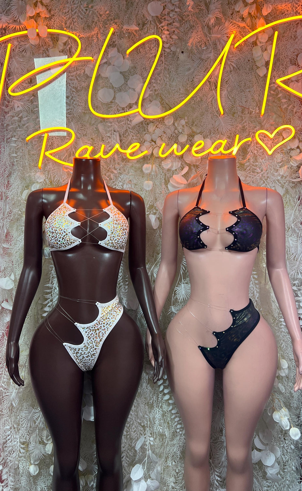 Two-piece bodysuit set display: gold and dark cheetah print