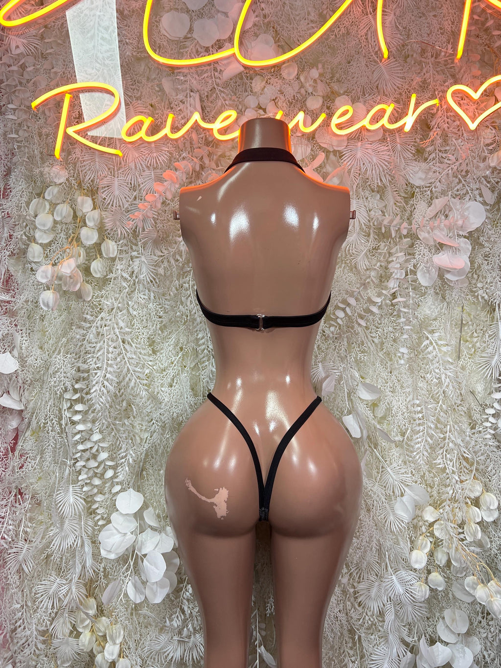 Two-piece dance costume set back view with halter straps and thong-style bottom