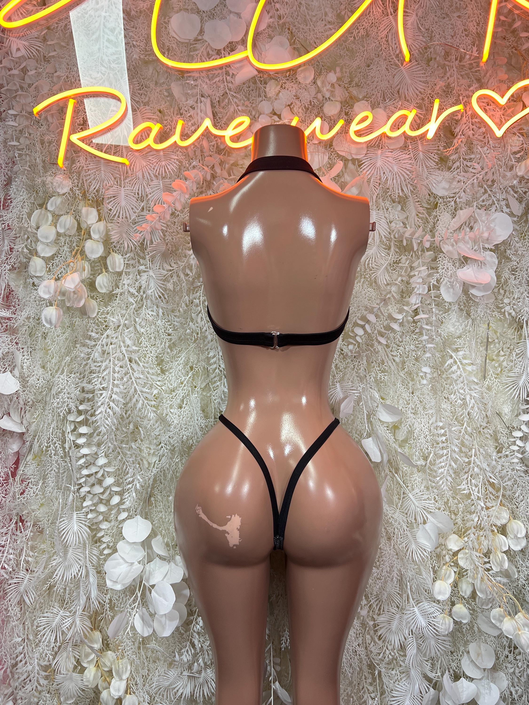 Two-piece dance costume set back view with halter straps and thong-style bottom