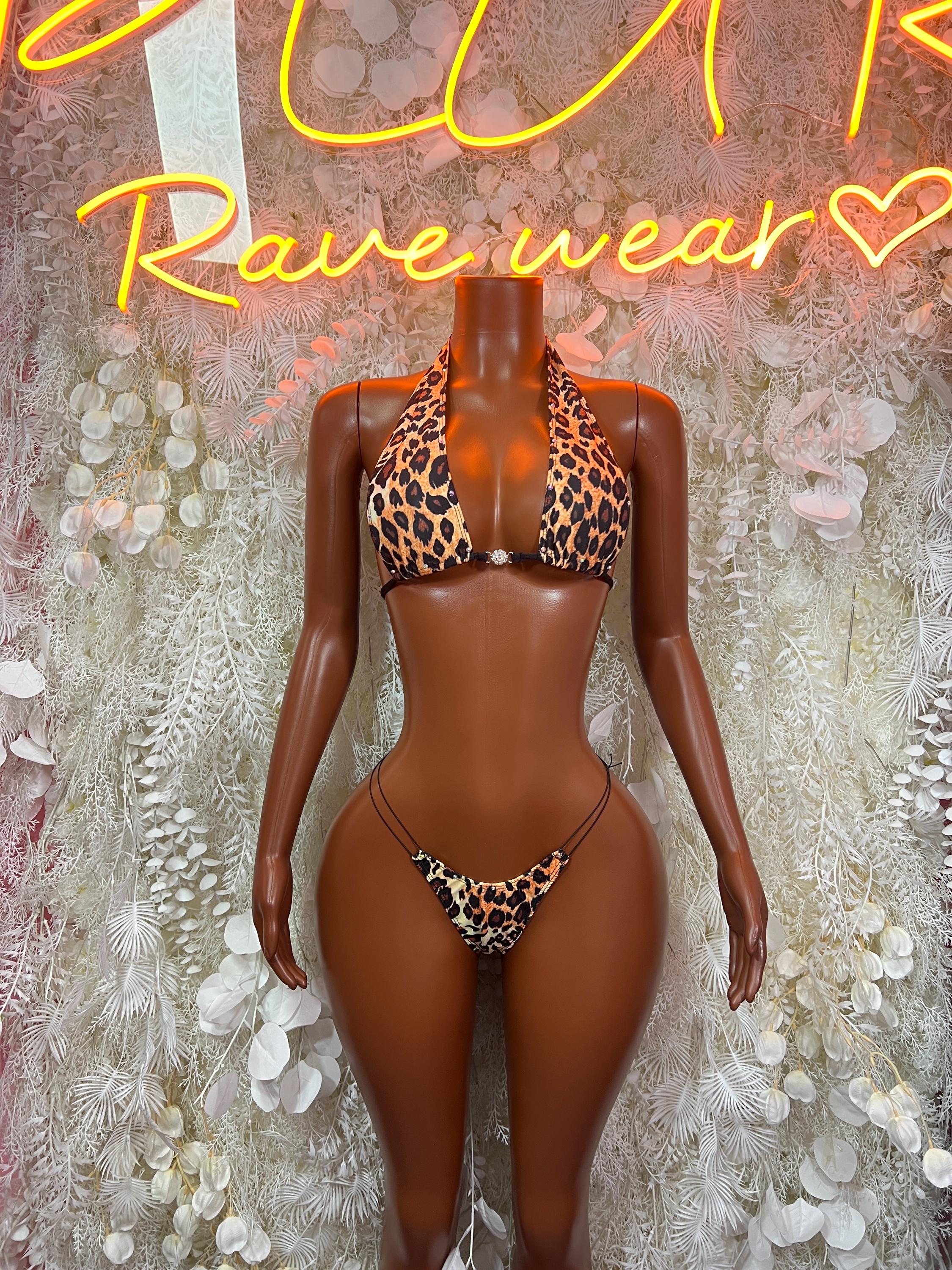 Leopard print two-piece bikini set with triangle bra and tie-back thong bottoms