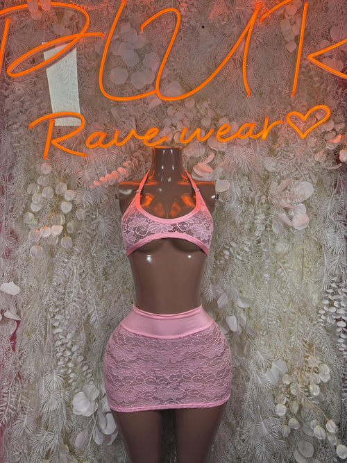 Pink mesh mini skirt set with lace halter crop top and ruched mini skirt