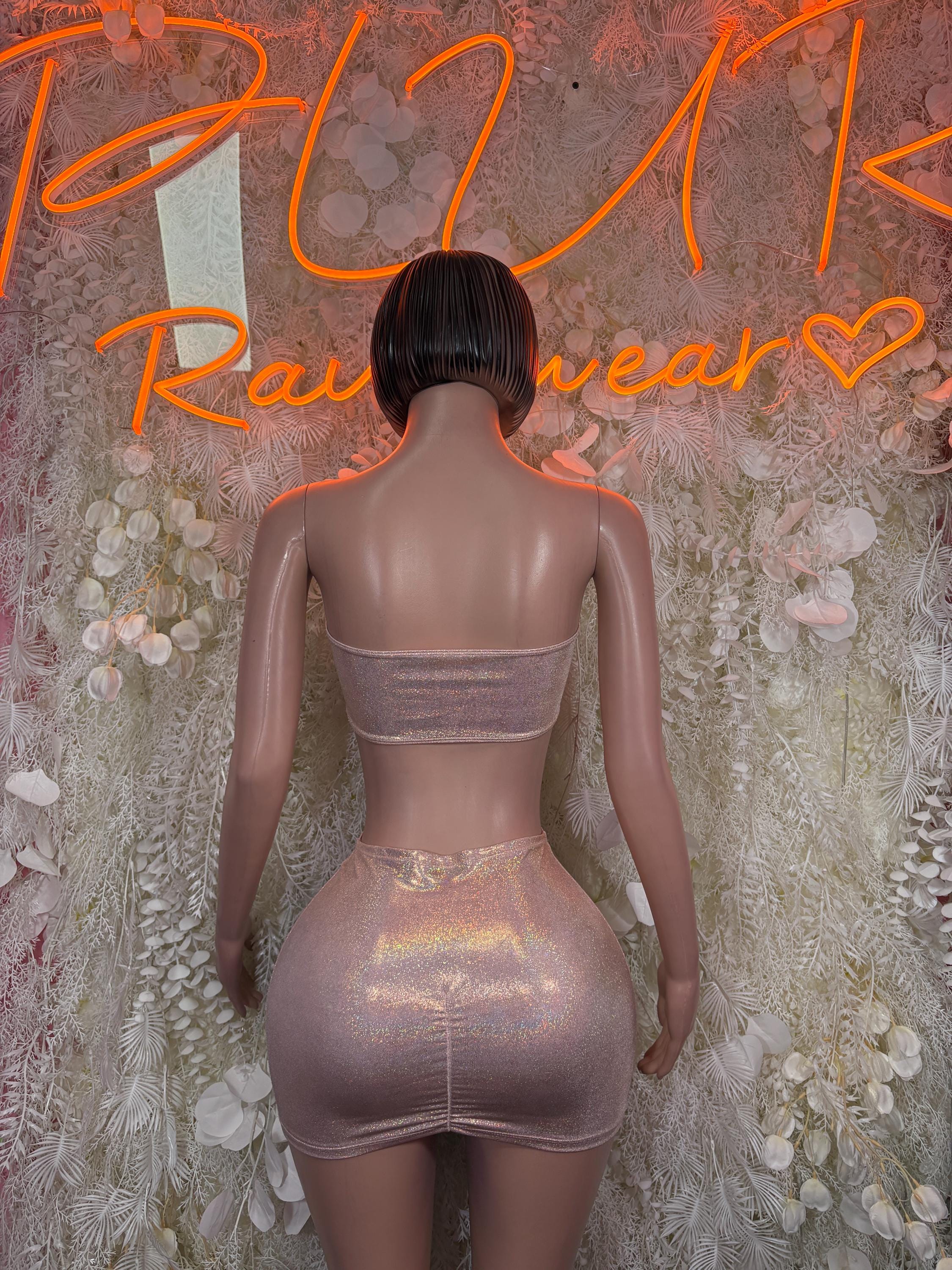Nude Holographic Two Piece Set, Sparkly Mini Skirt, Rhinestone Bandeau Top, Festival Outfit, Rave Clothing, Clubwear, Dancewear, EDM Fashio
