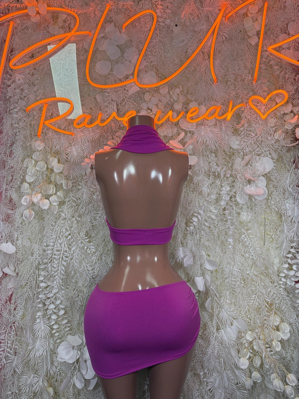 Purple Halter Crop Top Ruched Mini Skirt Set, Rave Clubwear Outfit