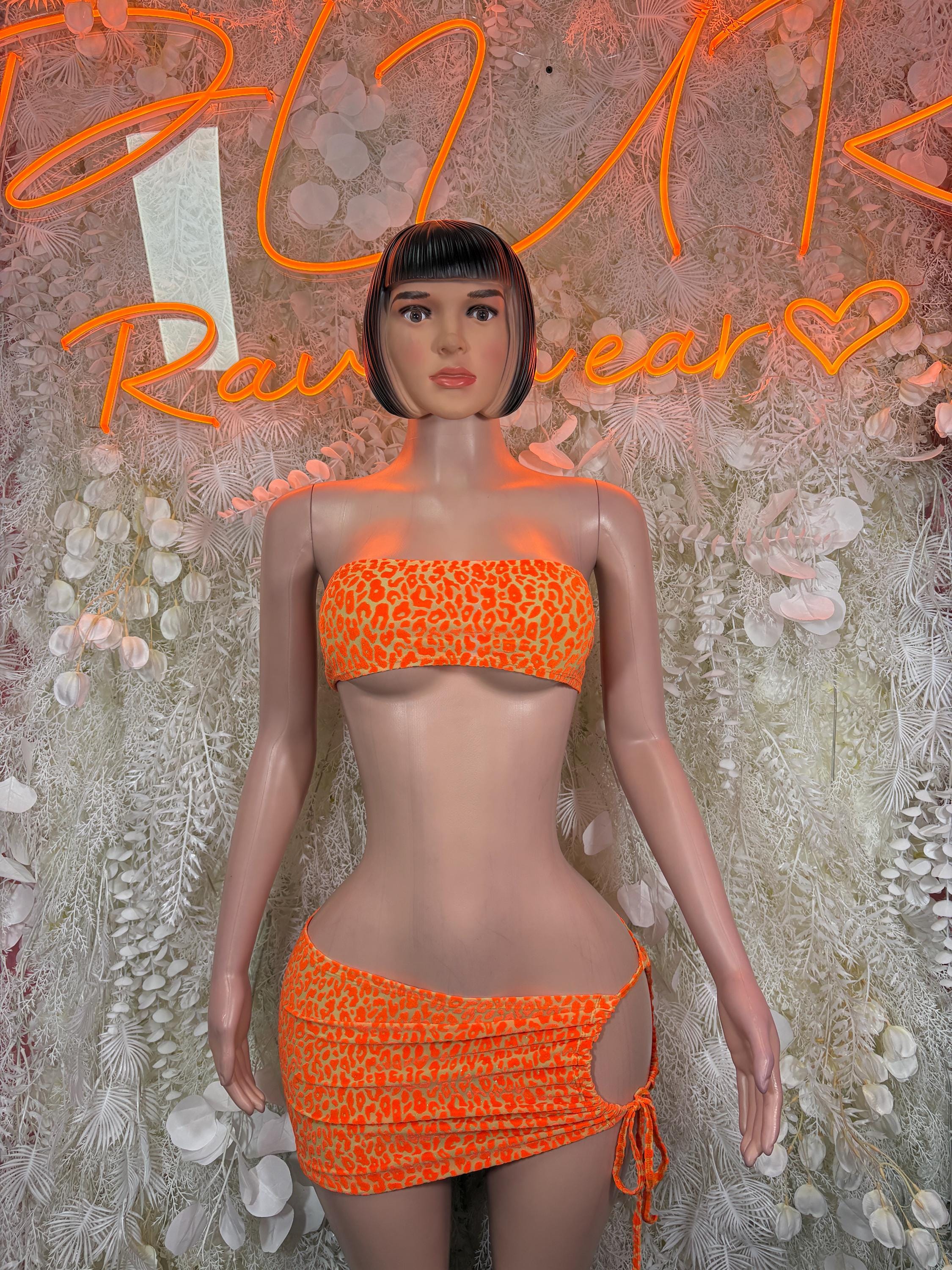 Orange Leopard Rave Outfit, Tube Top Ruched Mini Skirt Set
