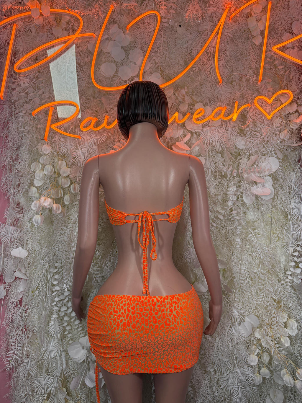 Orange Leopard Rave Outfit, Tube Top Ruched Mini Skirt Set