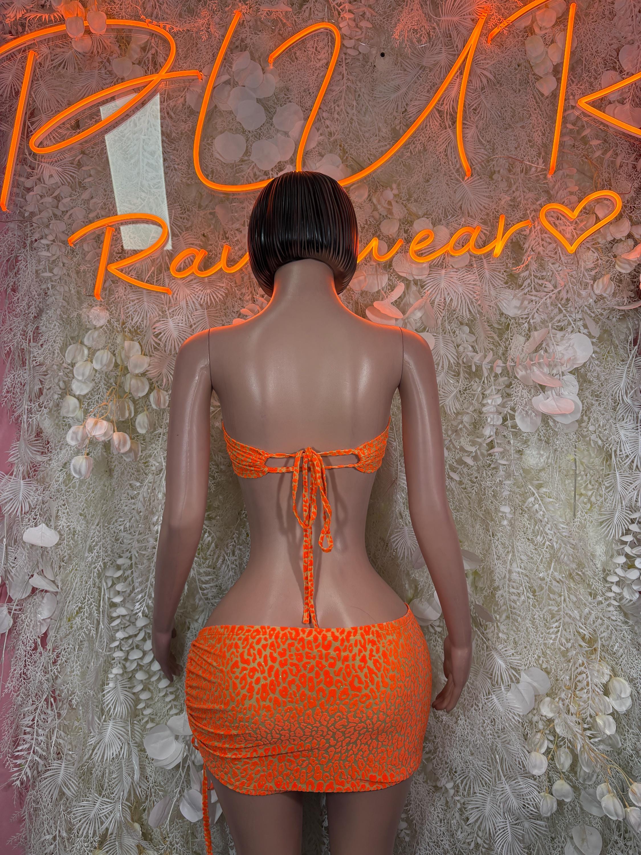 Orange Leopard Rave Outfit, Tube Top Ruched Mini Skirt Set