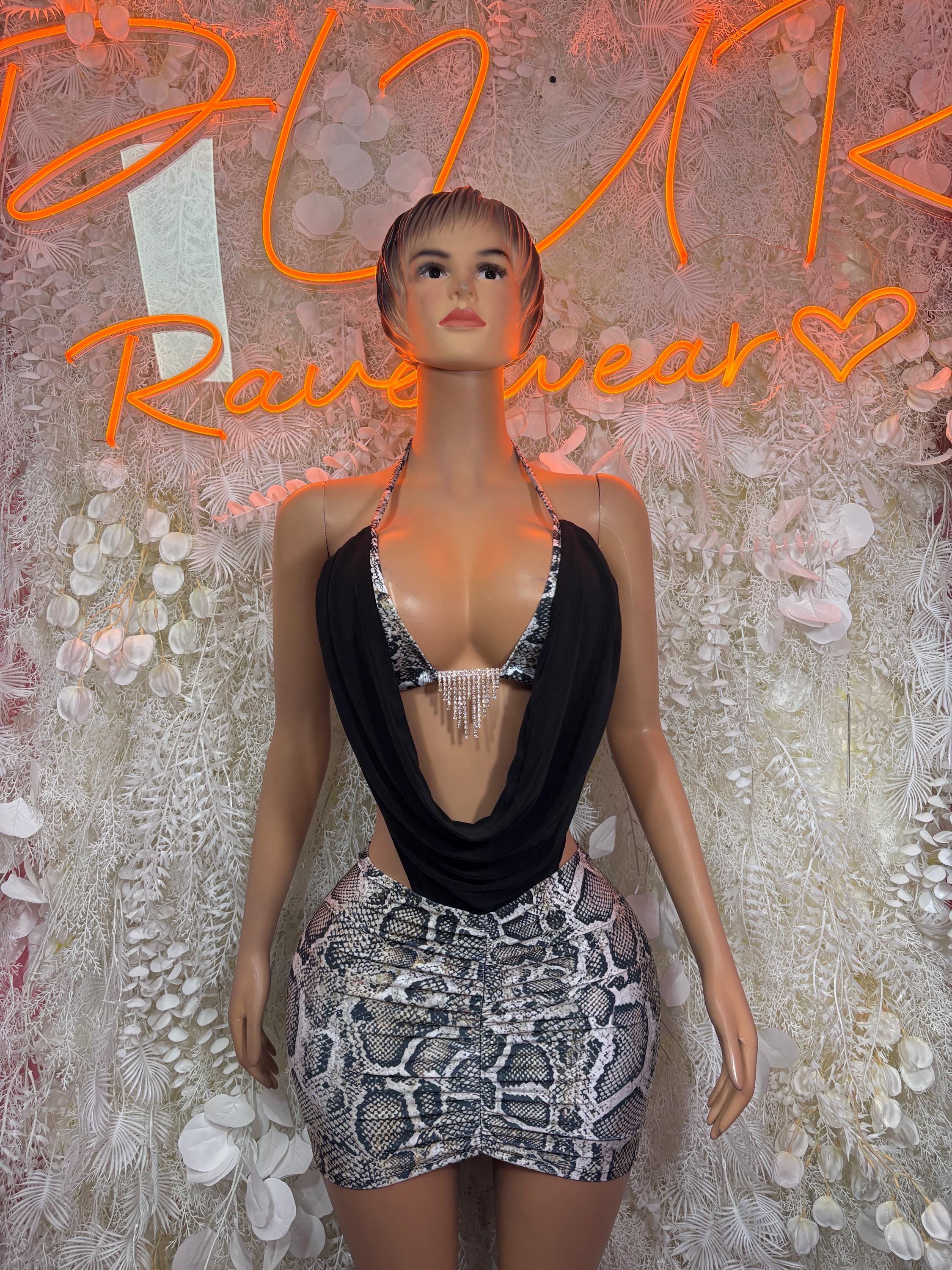 Black Cowl Neck Rhinestone Fringe Top Ruched Snake Print Mini Skirt Set Rave Clubwear
