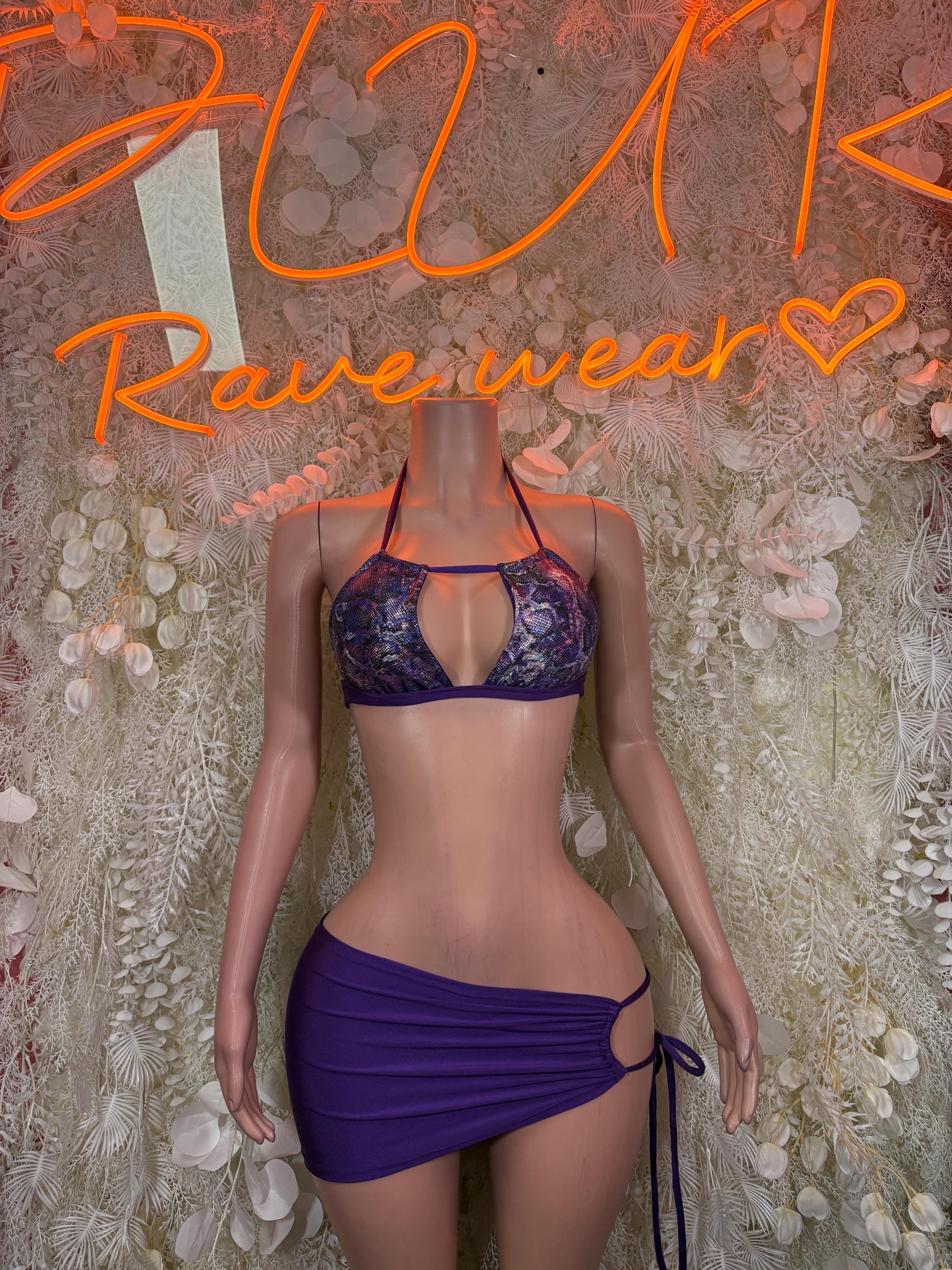 Purple Snakeskin Halter Top Ruched Mini Skirt Set, Holographic Festival Rave Outfit
