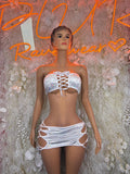 Holographic Rave Outfit Set, Lace Up Bandeau Top, Cutout Mini Skirt, Silver Festival Clubwear