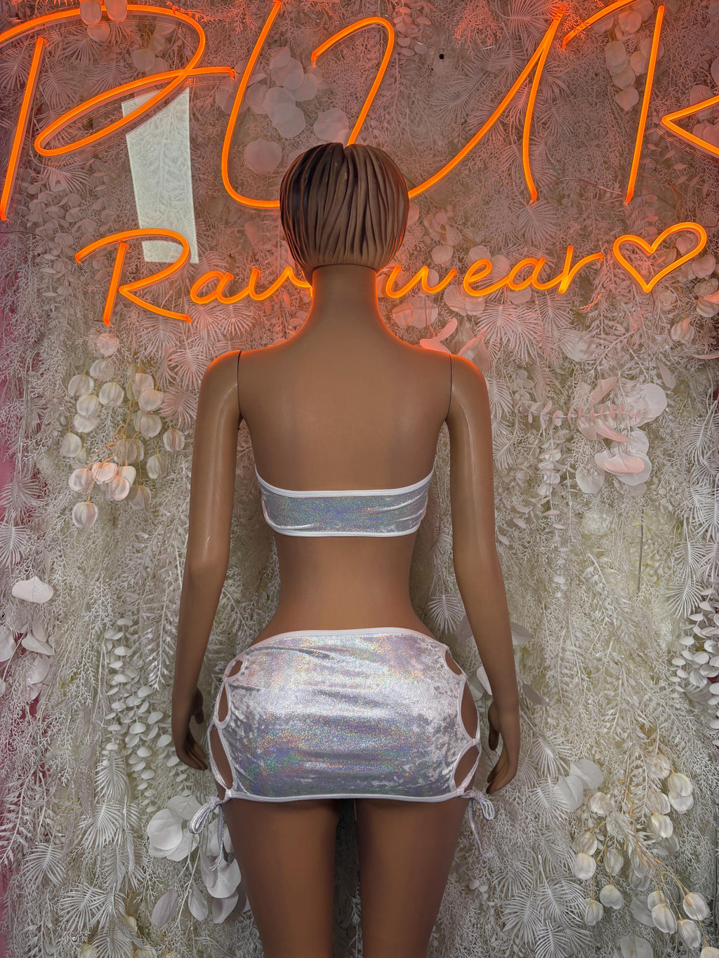 Holographic Rave Outfit Set, Lace Up Bandeau Top, Cutout Mini Skirt, Silver Festival Clubwear
