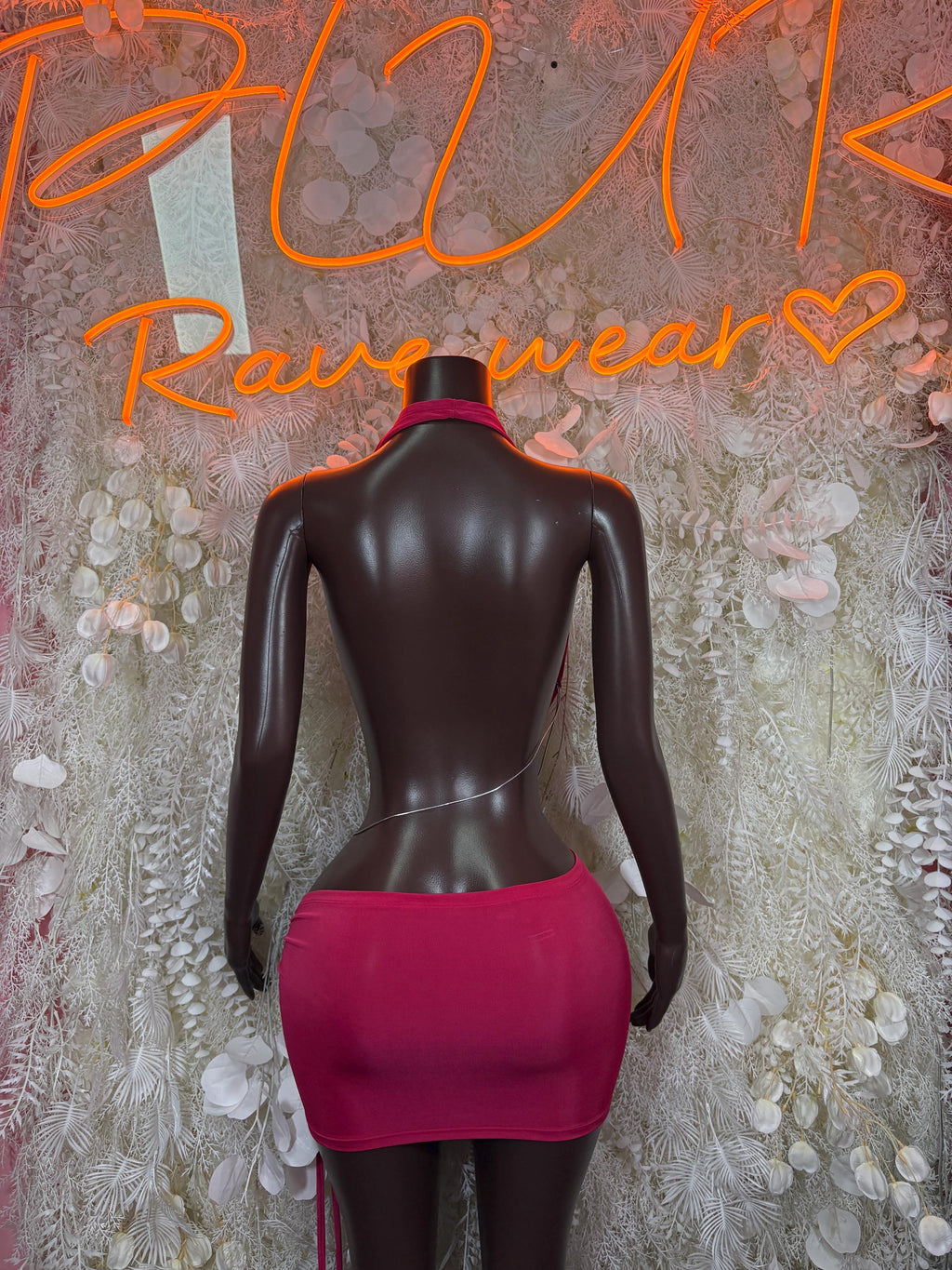 Burgundy Rhinestone Halter Top Ruched Mini Skirt Set, Rave Festival Clubwear