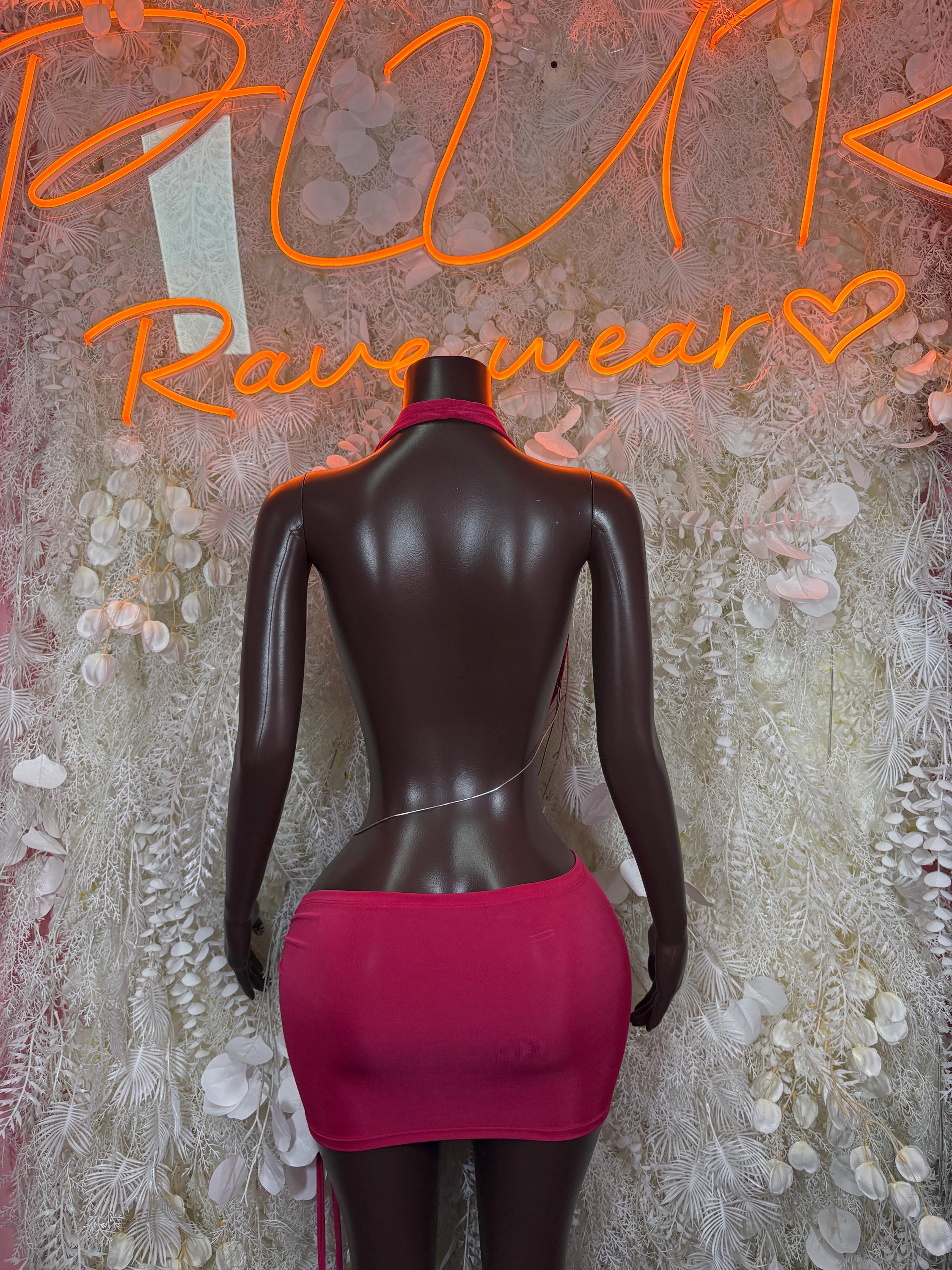 Burgundy Rhinestone Halter Top Ruched Mini Skirt Set, Rave Festival Clubwear