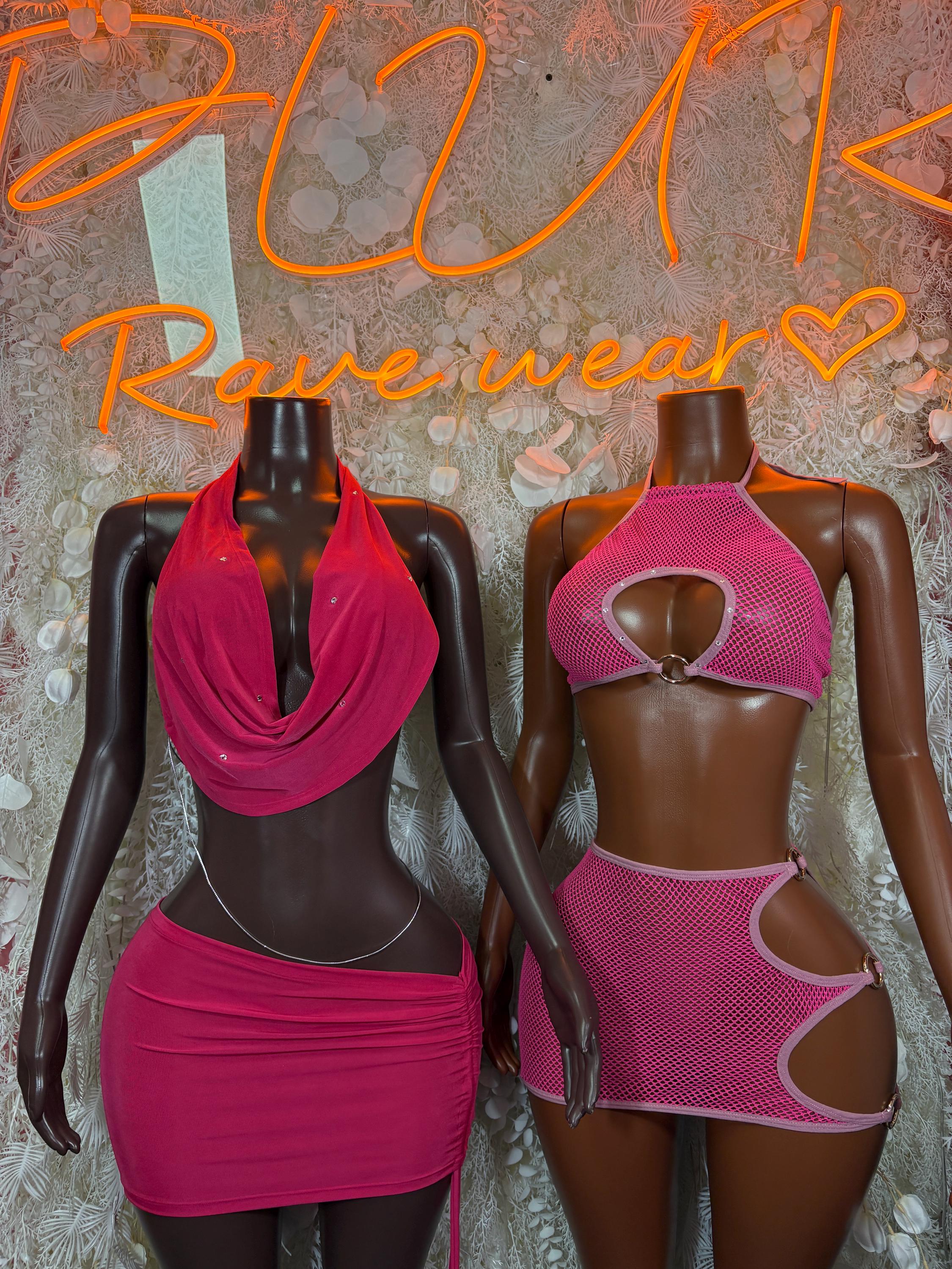 Burgundy Rhinestone Halter Top Ruched Mini Skirt Set, Rave Festival Clubwear