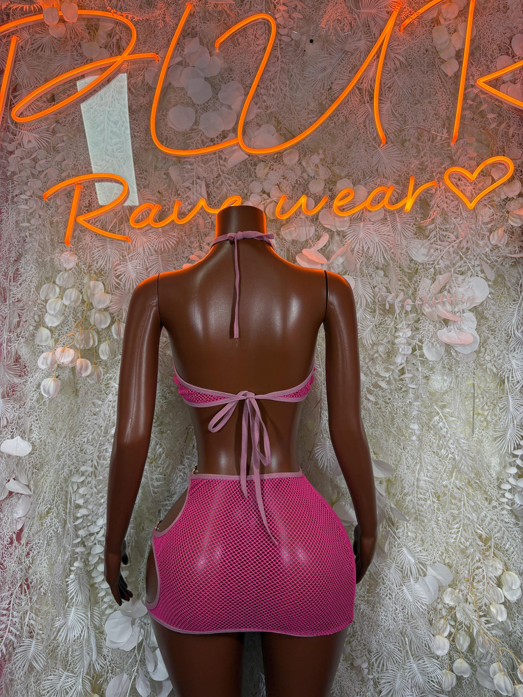 Pink Fishnet Halter Top O Ring Cutout Mini Skirt Two Piece Set