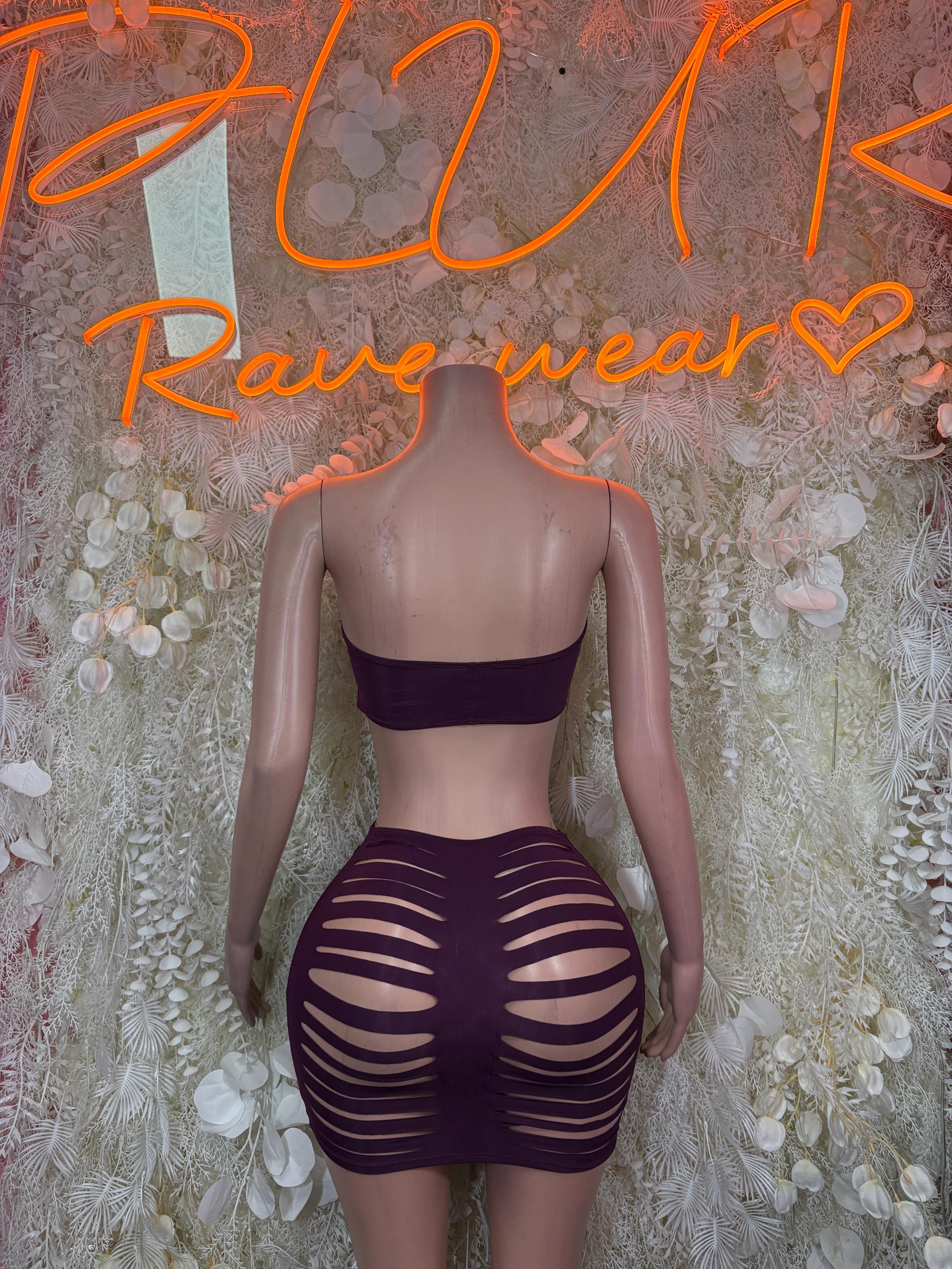 Purple Cutout Rave Set – Strapless Top & Skirt Festival Outfit