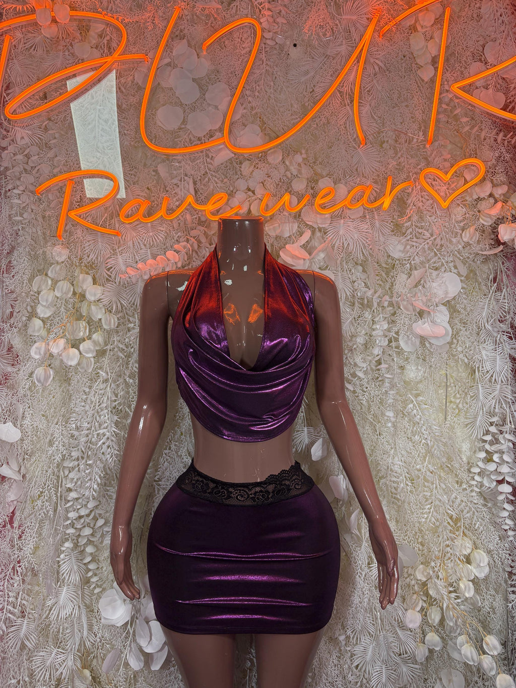 Metallic Purple Cowl Halter Crop Top Mini Skirt Set Lace Trim Rave Festival Clubwear