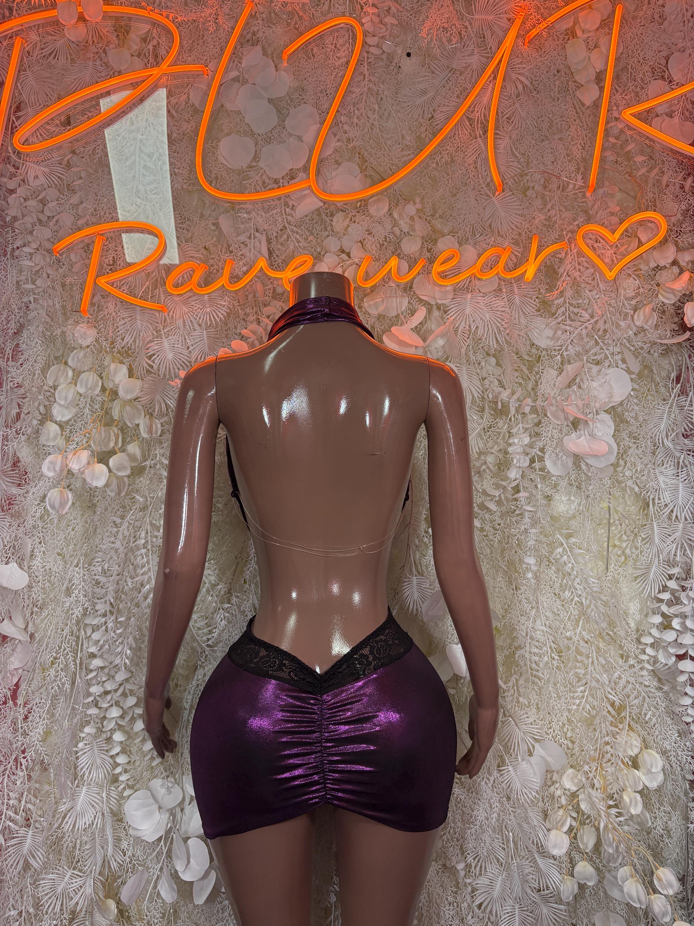 Metallic Purple Cowl Halter Crop Top Mini Skirt Set Lace Trim Rave Festival Clubwear
