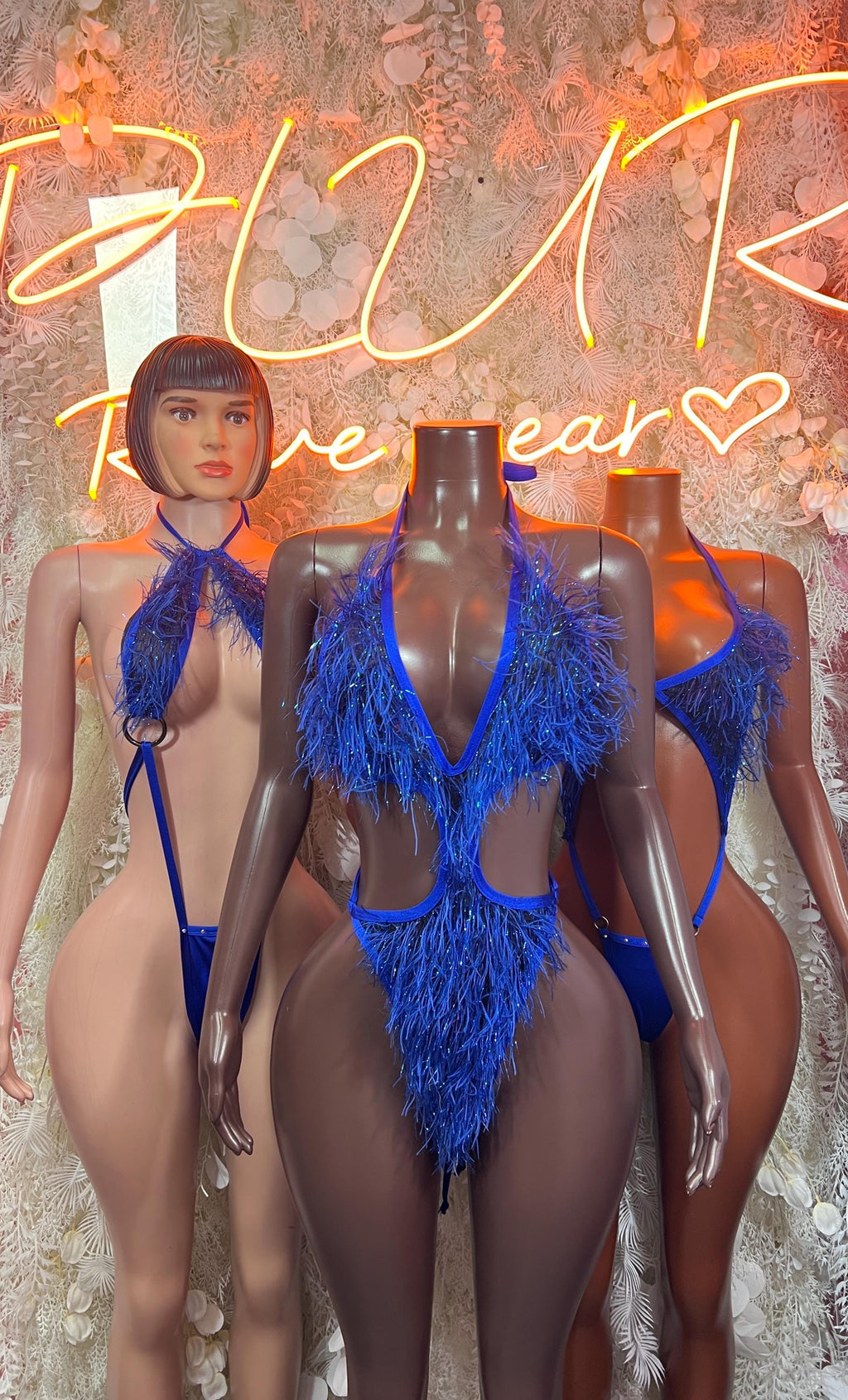 Royal blue fringe halter bodysuit with deep V front and flowing tassels