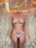White feather-fringe bikini set with triangle bra and thong bottom, front view