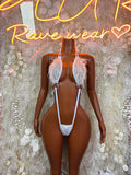 White feather fringe bodysuit with lace-up halter and V-neck cut