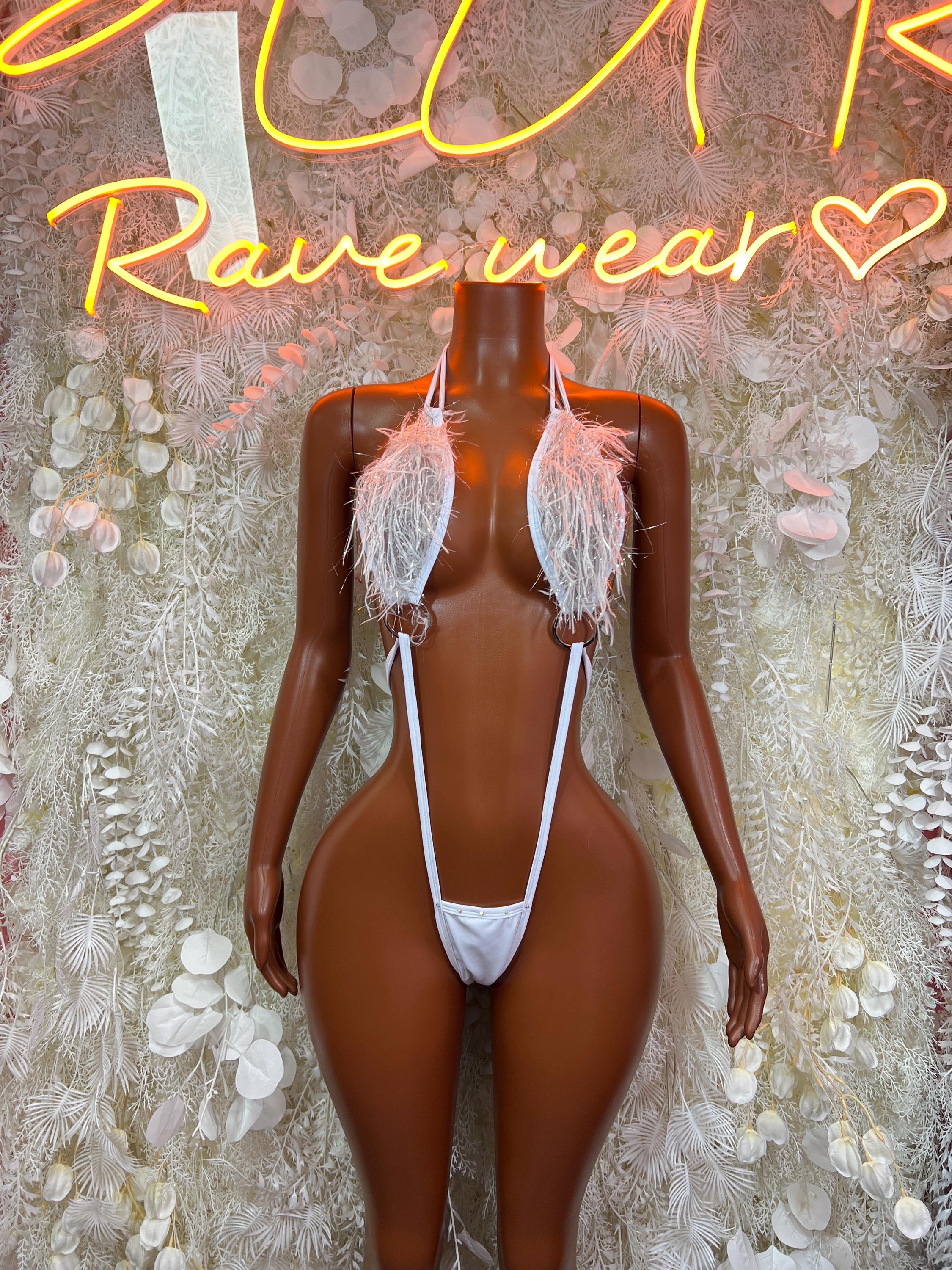 White feather fringe bodysuit with lace-up halter and V-neck cut