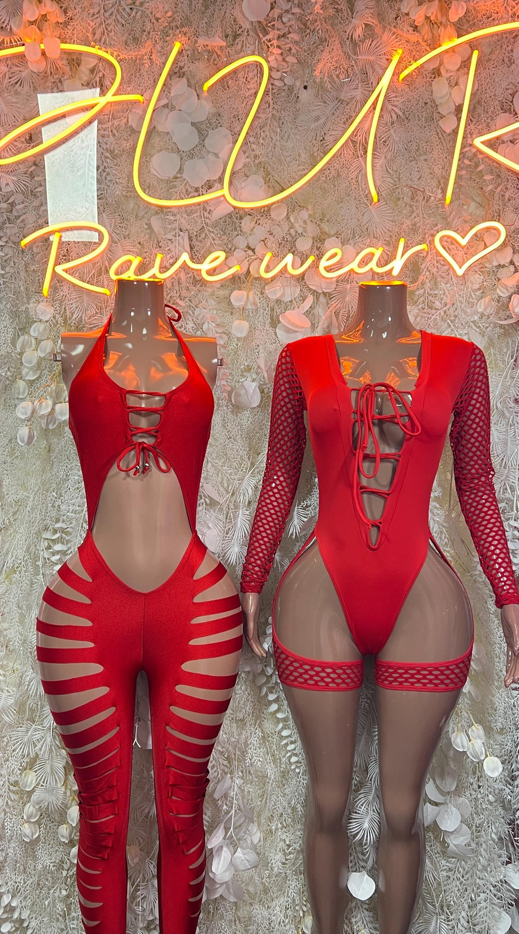 Red cutoff bodysuit front and back views with striped thigh cutouts