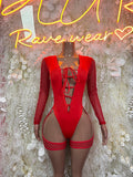 Red one-piece bodysuit with lace-up front, mesh sleeves, and high-cut thigh straps