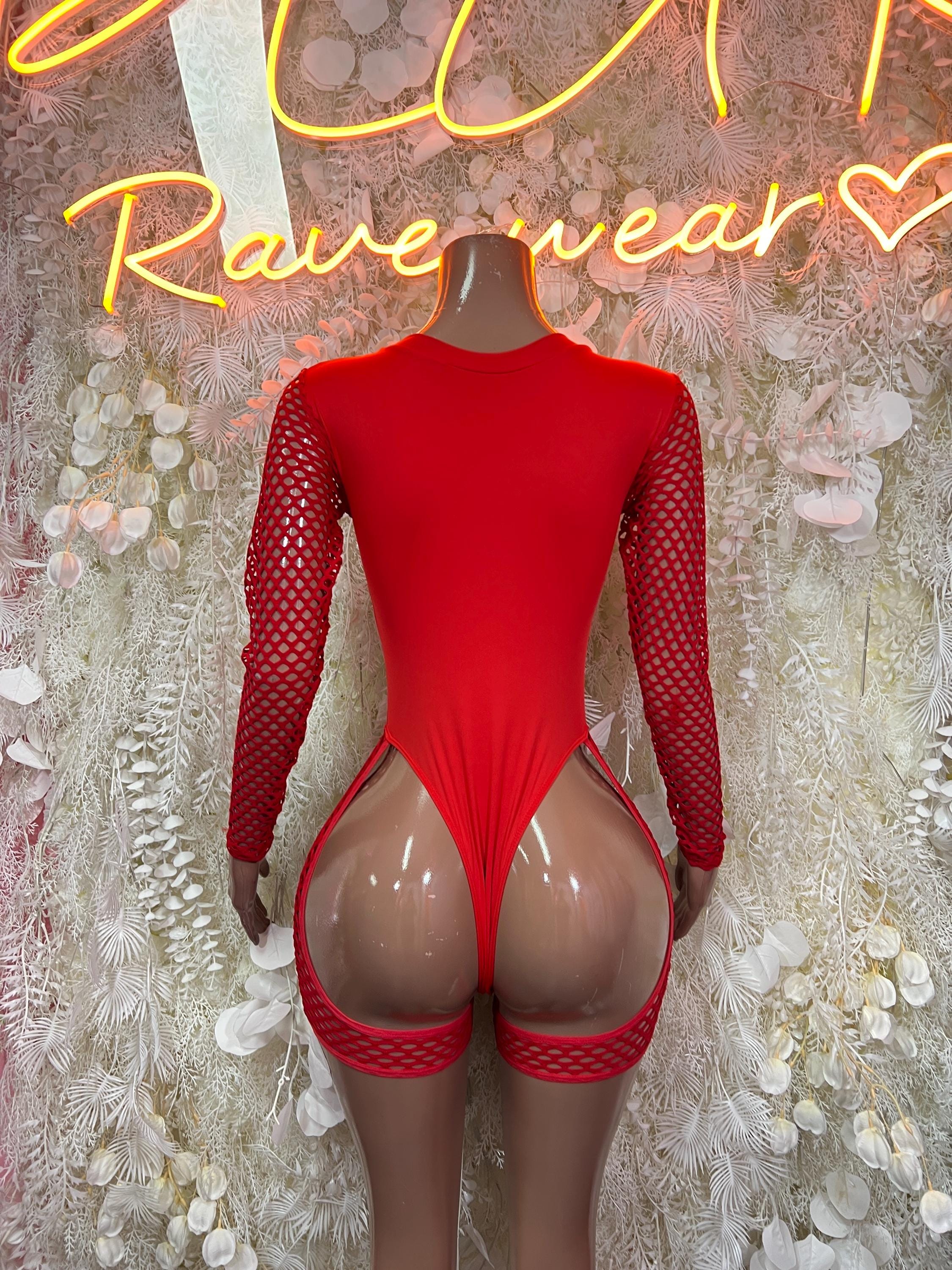 Red one-piece bodysuit with mesh sleeves and crisscross lace back cutout