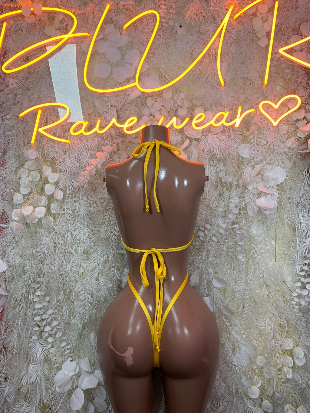 Metallic tropical-print slingshot dancewear bodysuit with yellow ties and open front