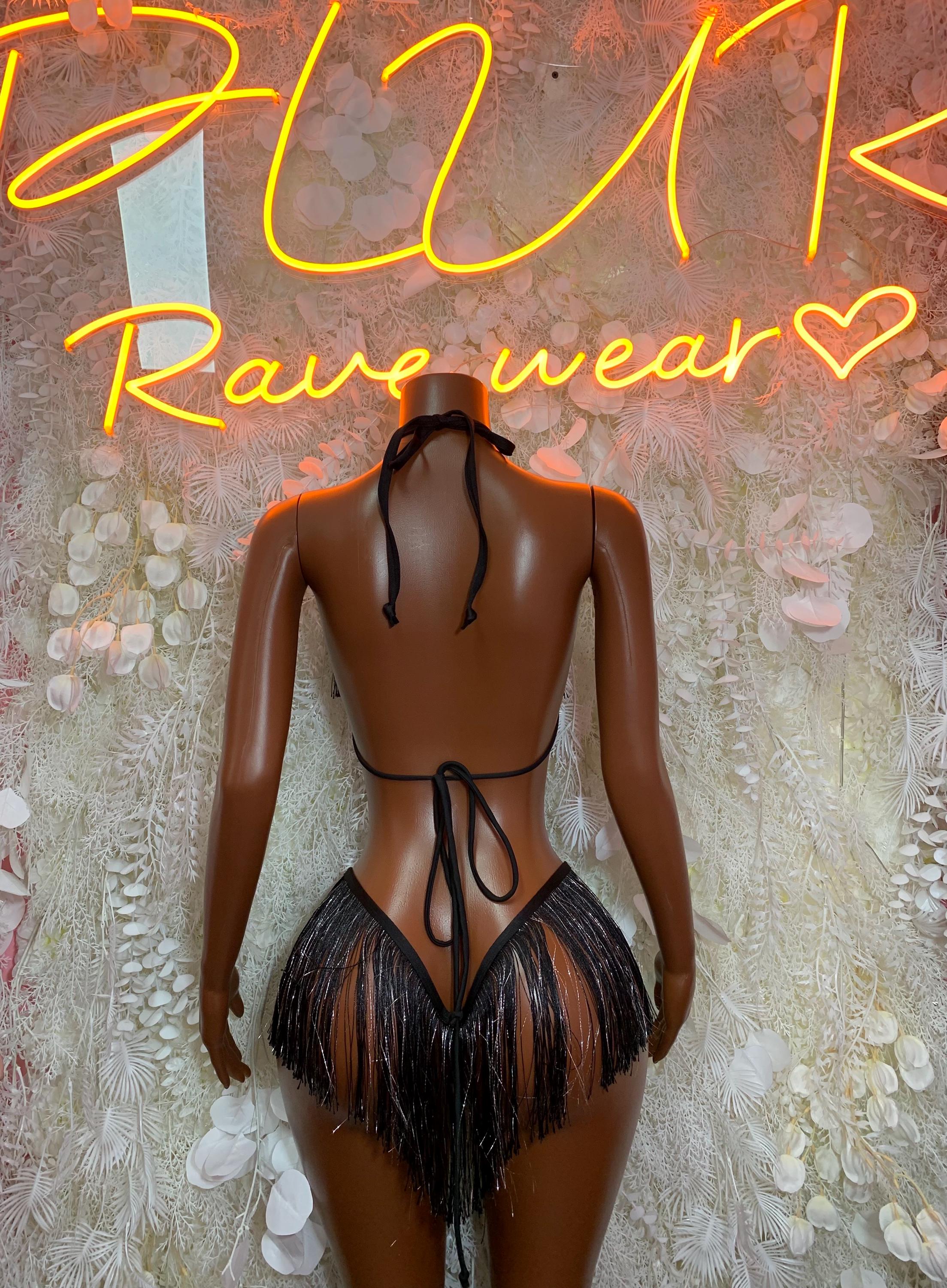 Backless halter sequin monokini with pink leopard print and black fringe