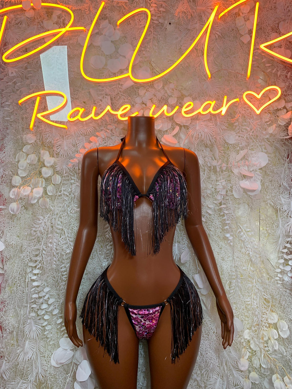 Halter sequin monokini with pink leopard pattern and black fringe tassels