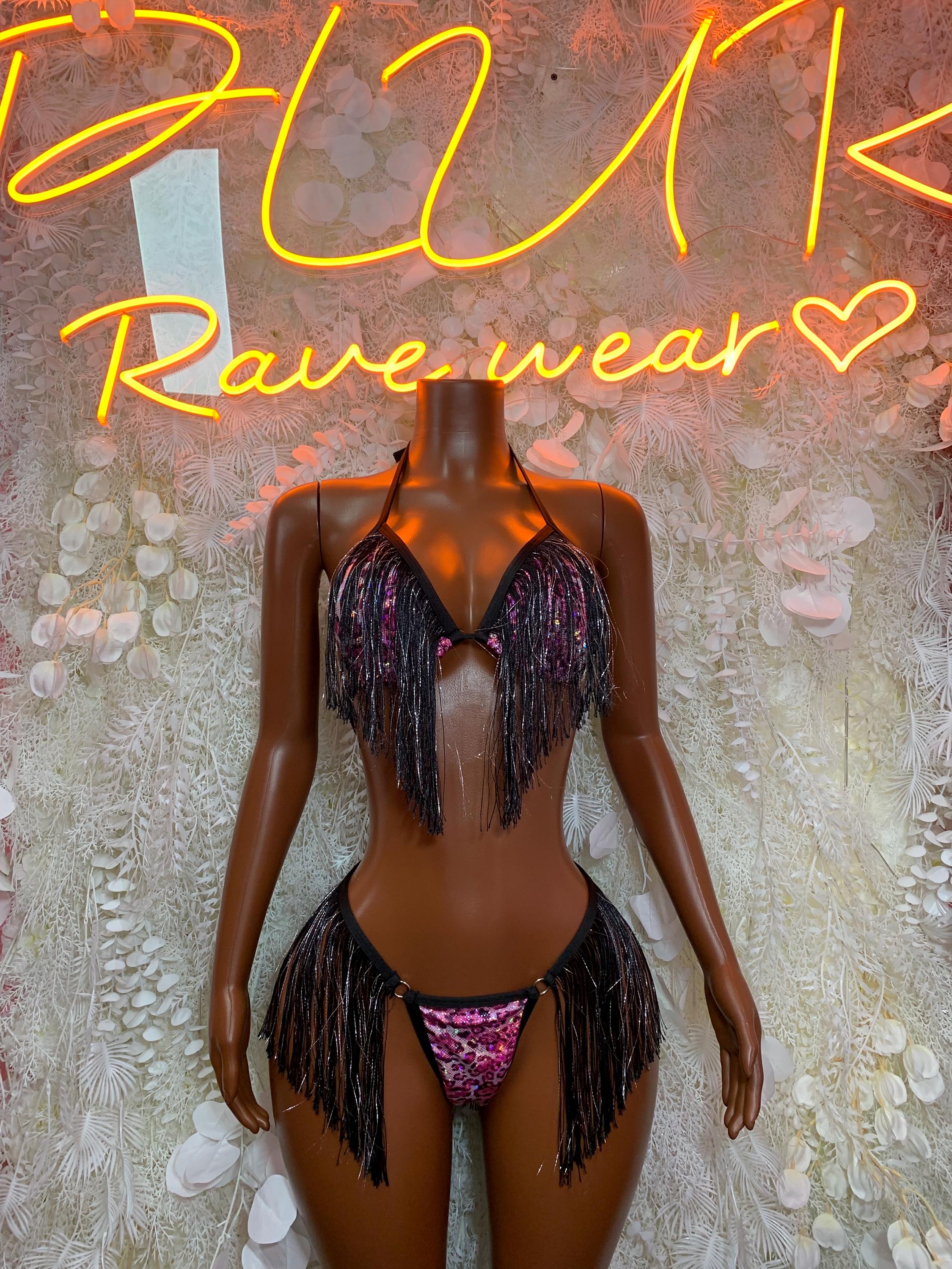 Halter sequin monokini with pink leopard pattern and black fringe tassels