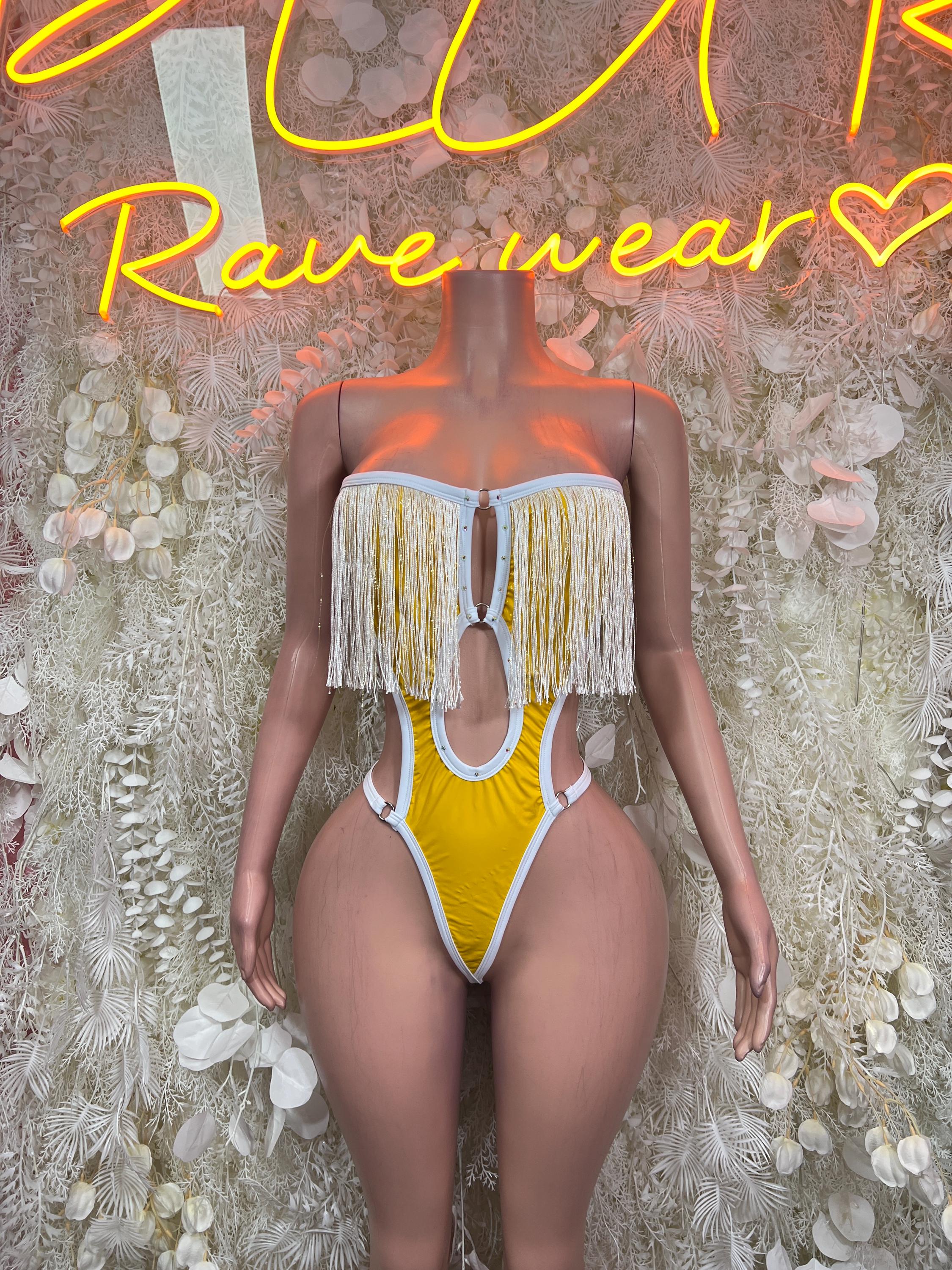 Yellow latex bodysuit with white fringe cups and high-cut one-piece, tie-back straps