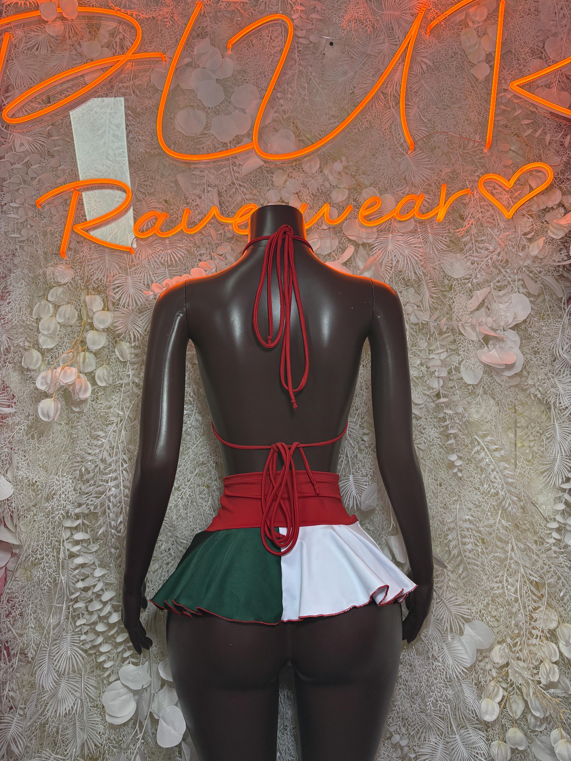 Back-tie bikini top with red lacing and red green white ruffled peplum skirt set