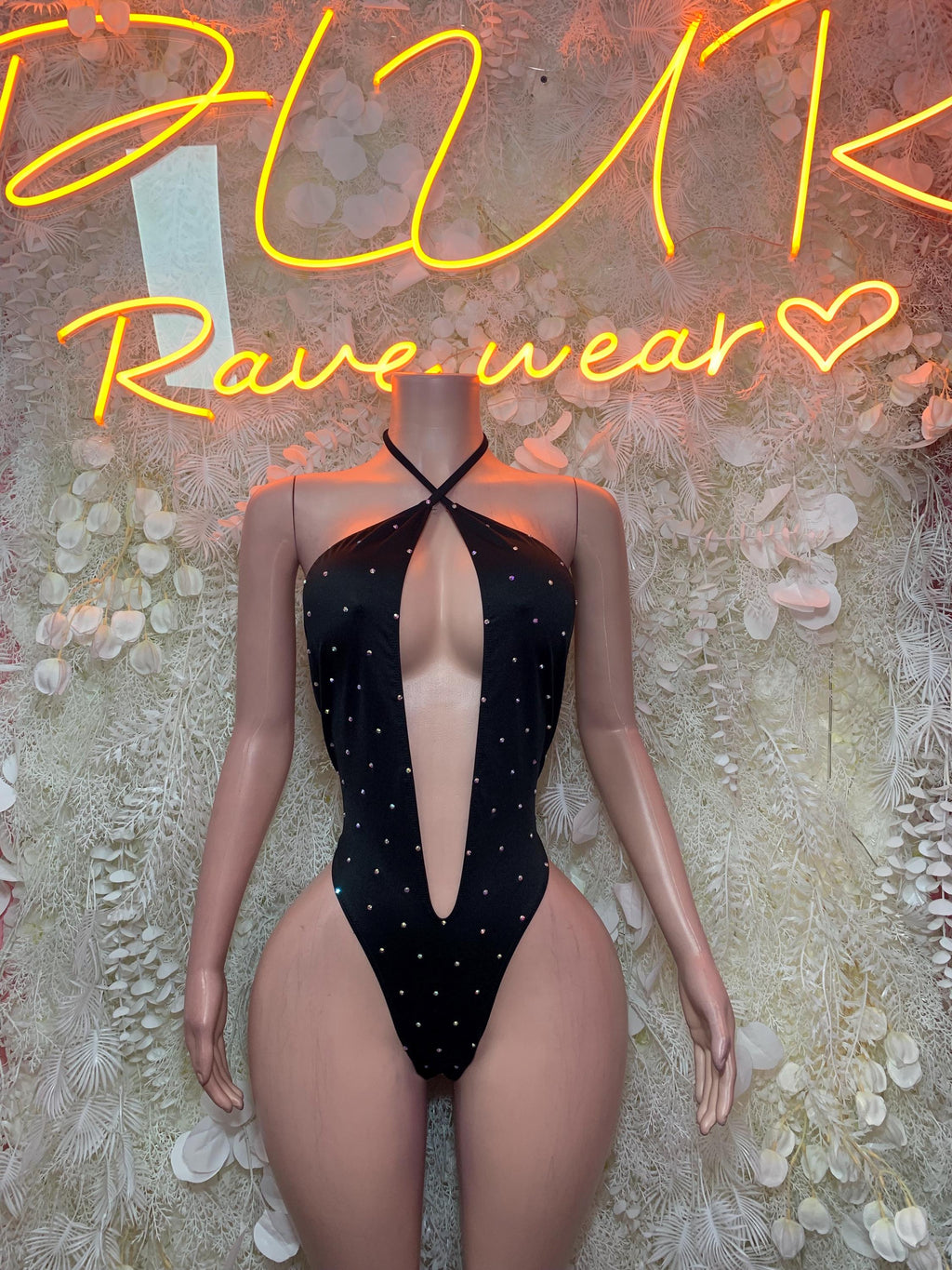 Black rhinestone halter bodysuit with deep plunge, high-cut thong front